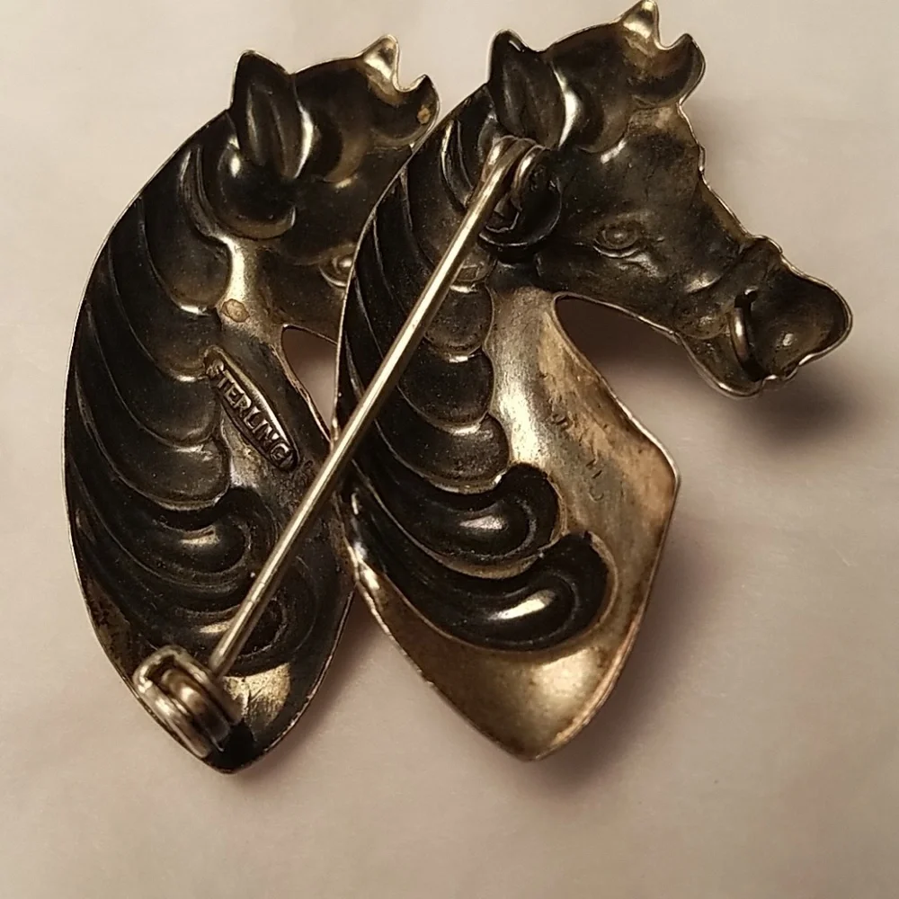 Vintage Sterling Double Horse Head Brooch